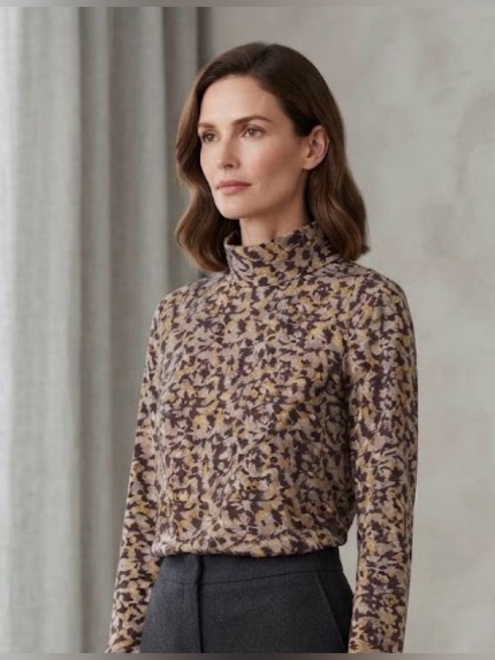 Pendleton 100% Silk Abstract Print Mock Neck Blouse Top Brown Size 12